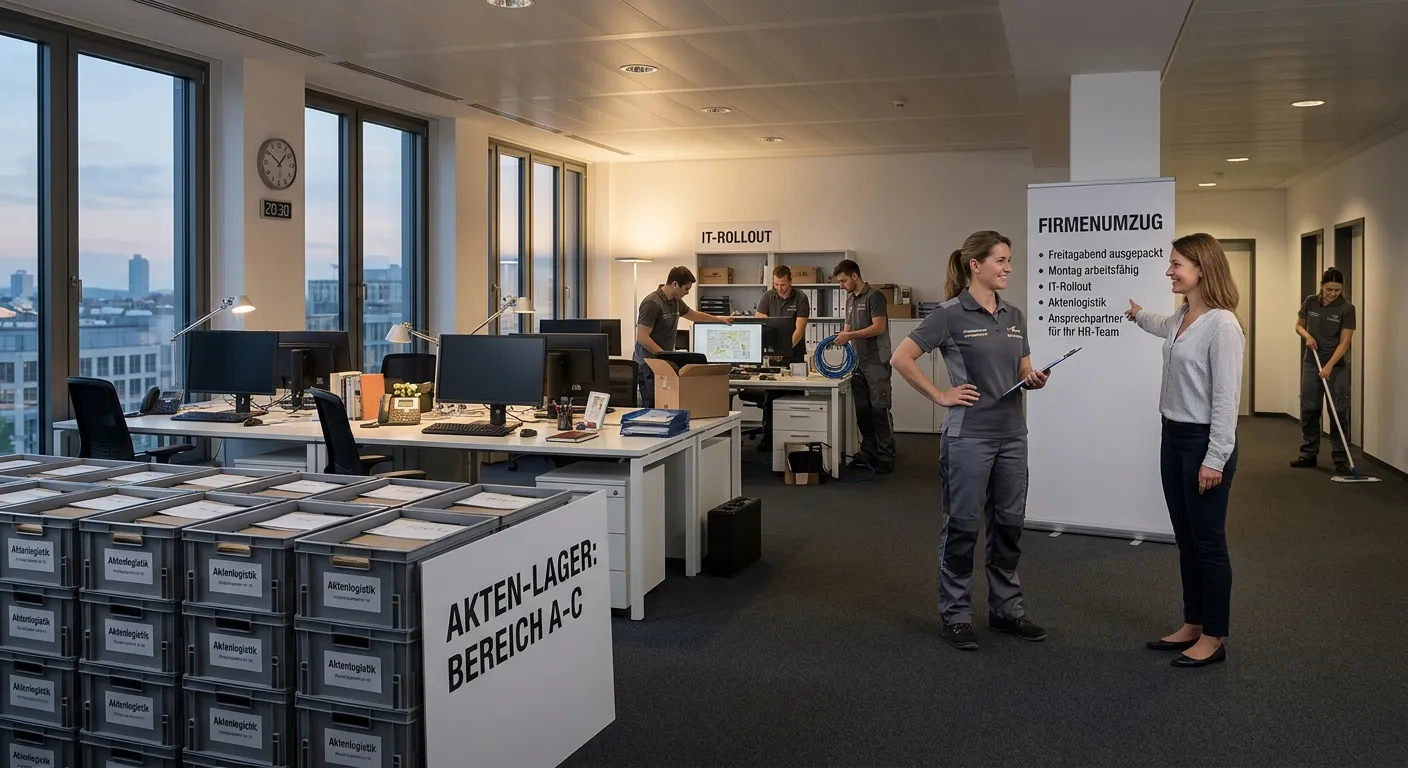 Umzugsleiterin bespricht abends im Großraumbüro den Plan, daneben gestapelte Aktenboxen und der laufende IT-Rollout