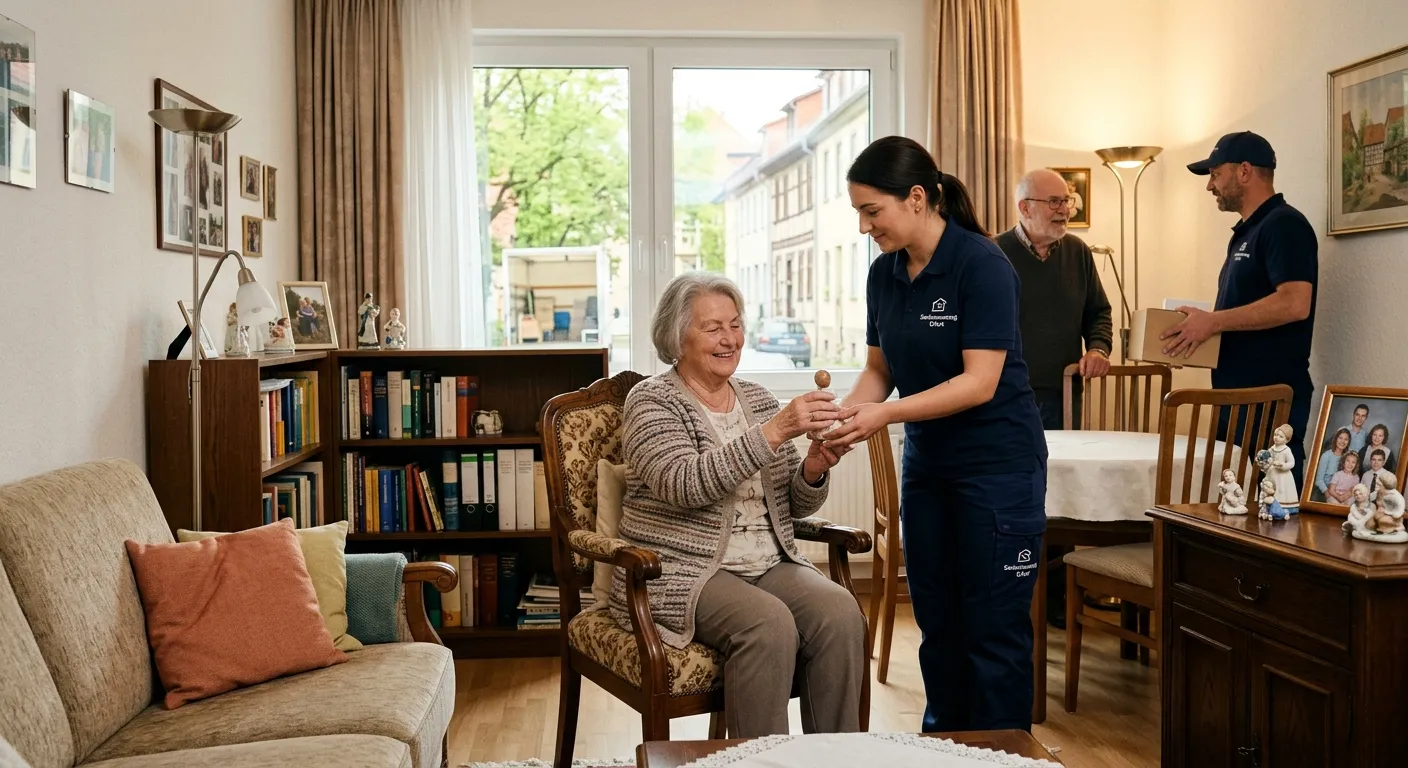 Mitarbeiterin reicht einer sitzenden Seniorin behutsam eine Porzellanfigur, im Hintergrund wird ein Karton getragen