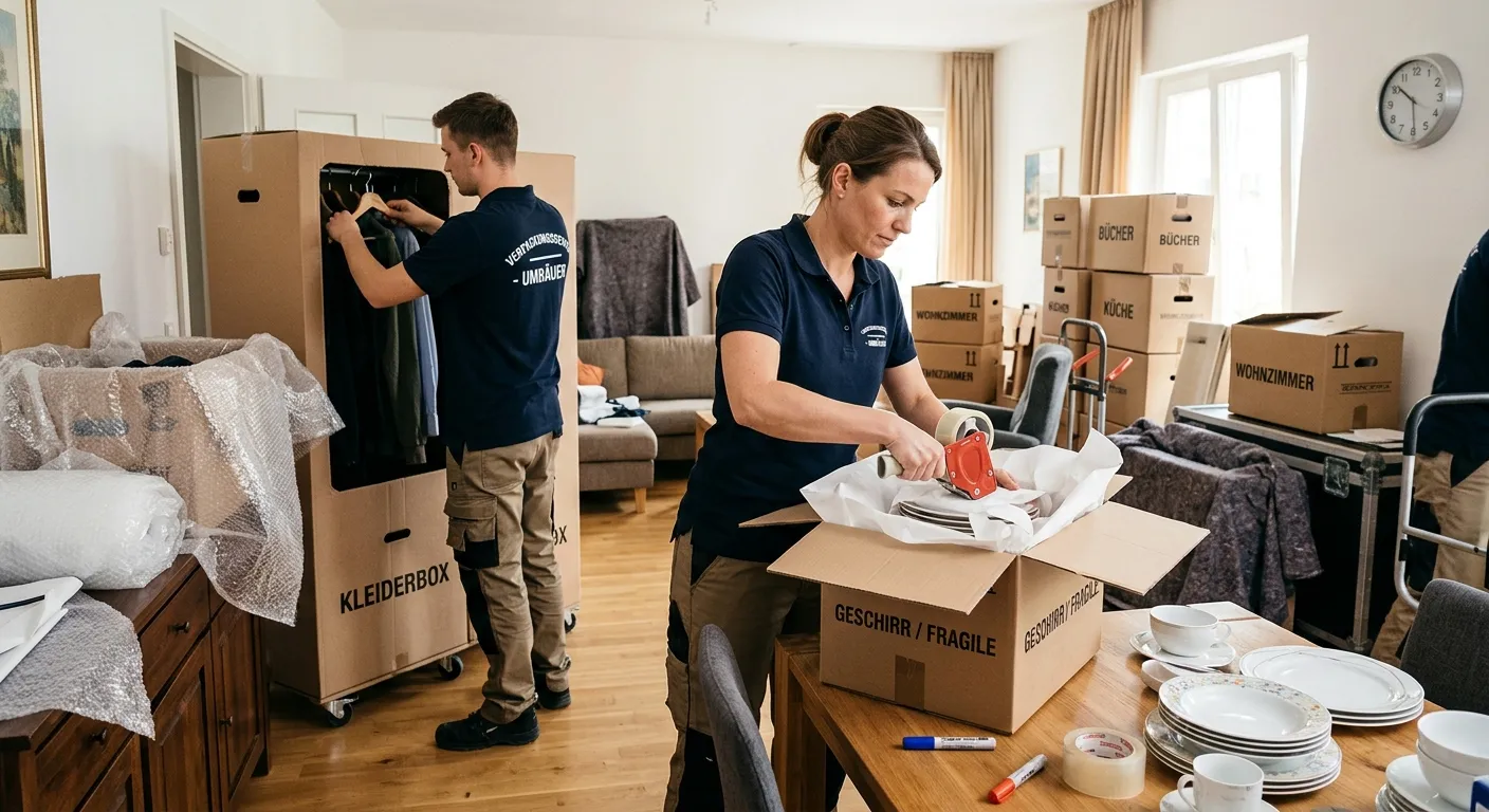 Packerin verklebt einen Geschirrkarton, daneben eine gefüllte Kleiderbox und beschriftete Kartons nach Zimmern